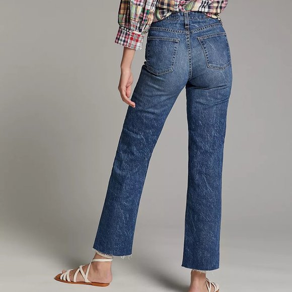 NWT AG The Alexxis Ultra High-Rise Frayed Hem Straight Jeans in Denim Dark - Picture 3 of 8